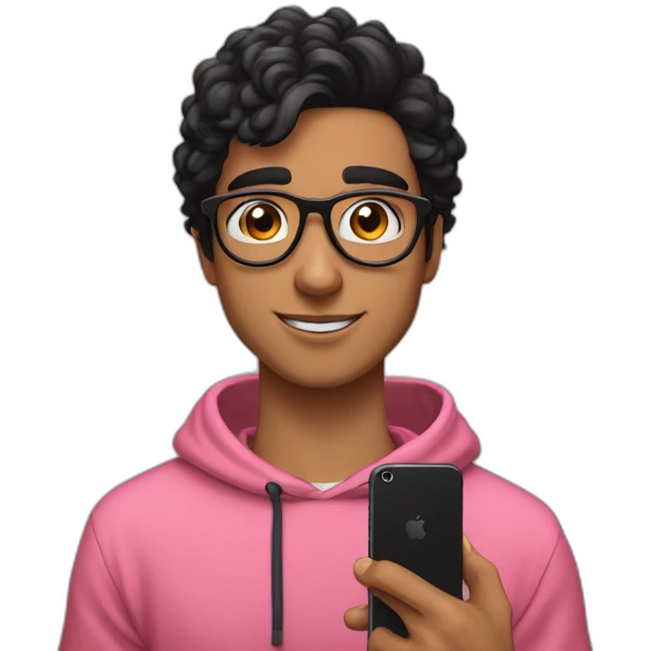 A young man wearing glasses, a pink hoodie, and black hair, holding a phone and next to him an Instagram account called emad24271. emoji