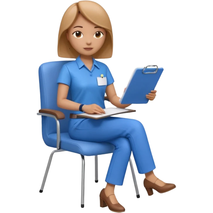 Generate an emoji of a female AI ethicist in blue shirt brown pant sitting in a chair and has a checklist stating AI ethics elements like stop bias, fairness score. I want 3d figurine emoji
