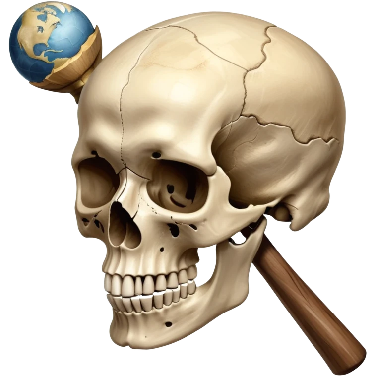 An icon featuring a human skull and fossilized bones, symbolizing the study of anthropology. The design includes archaeological tools like a pickaxe and brush, with a background of ancient artifacts and a globe. Transparent background emphasizes the exploration of human history and evolution. emoji
