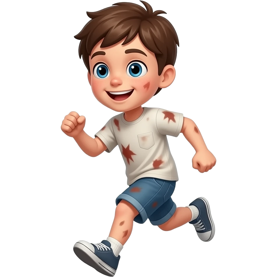un chico con los ojos azules i el pelo castaño. Tiene 5 años i esta emocionado. tiene la ropa manchada esta corriendo emoji