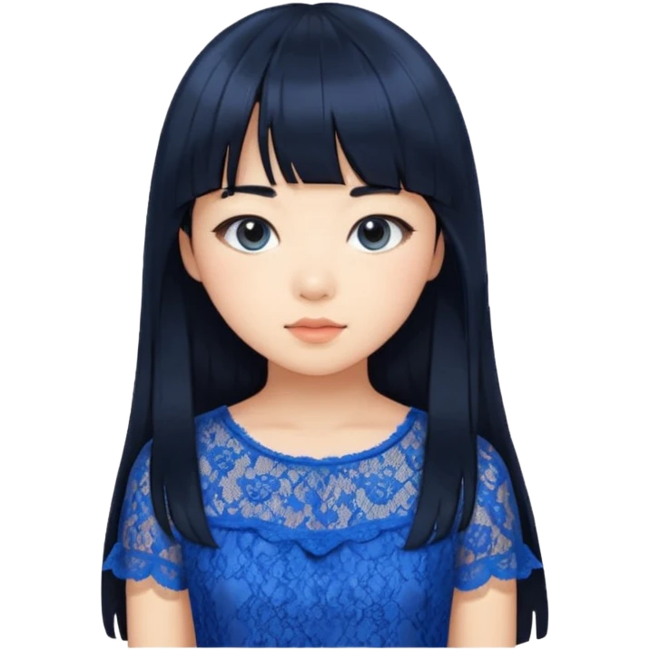 Long hair asian girl with curtain bangs with a blue lace top on with GG written emoji