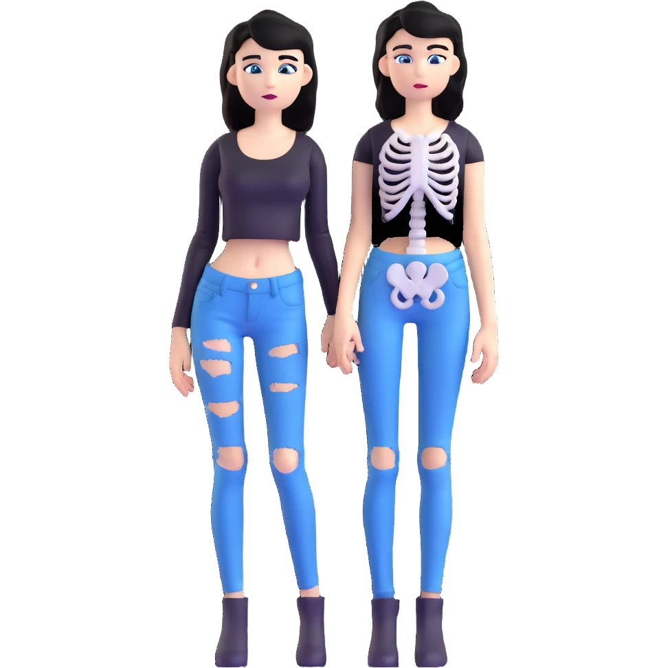 black-haired, blue-eyed person wearing a black skeleton top and ripped black jeans emoji
