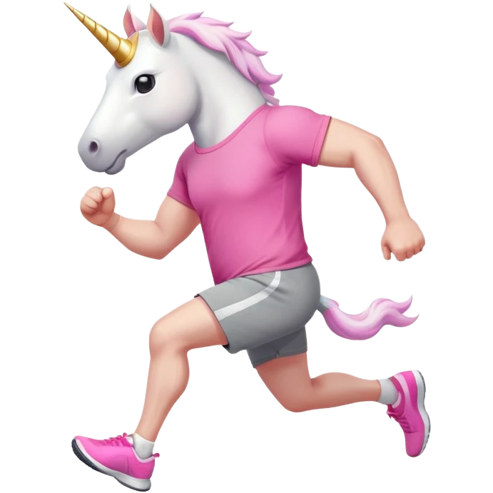 friendly anthropomorphised male white unicorn with a stocky, strong build, white arms and legs, wearing grey shorts and pink t-shirt, dark sunglasses, jogging upright in a standard pose emoji