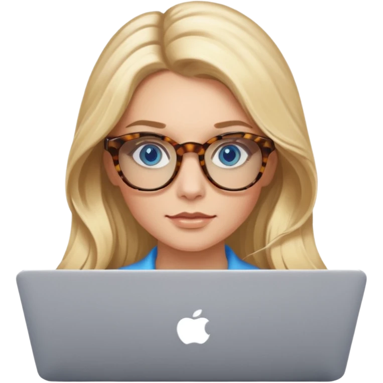  long blown out blonde hair woman blue eyes with tortoise shell print glasses on mac book  emoji