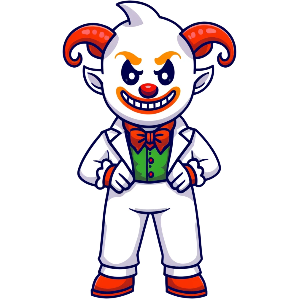 full-body demonic clown in a white leisure suit with bellbottom pants, bald, with black ram horns, flashy belt, ruffled shirt, no neck tie, cartoon sticker style emoji