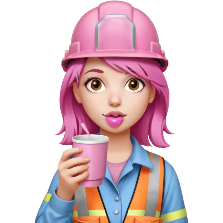 сделай молодую девушку с розовыми волосами, накрашенную красиво, с стаканчиком кофе, в каске, и во рту у нее пузырь из жвачки розовый emoji