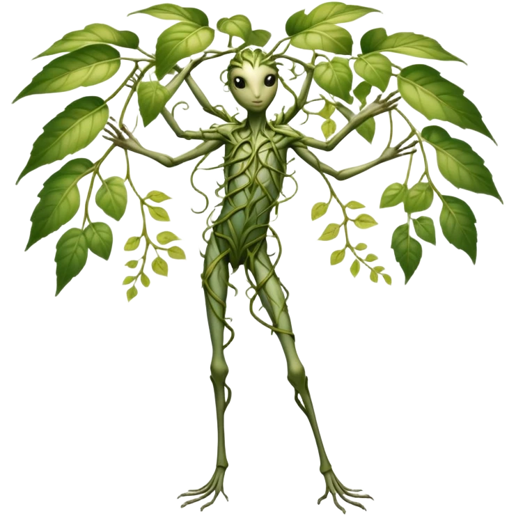 A slender bipedal creature with skin patterned like dappled sunlight through leaves, possessing elongated arms that split into multiple vine-like appendages capable of rapid growth and contraction.

 emoji