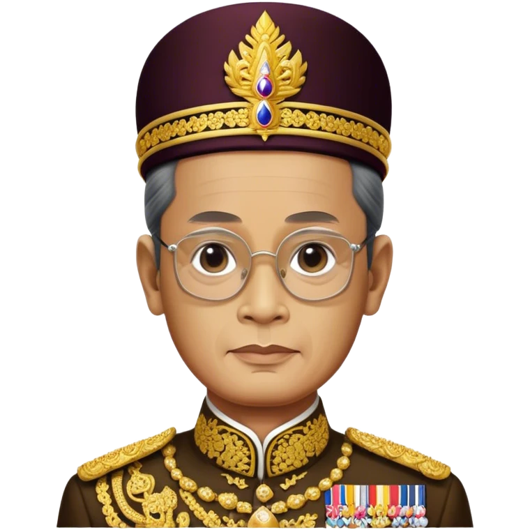 Cinematic Realistic King Bhumibol Adulyadej Portrait Emoji, depicted as a revered Thai monarch with a dignified expression and traditional royal attire, rendered with lifelike textures and soft regal lighting that captures his lasting legacy. emoji