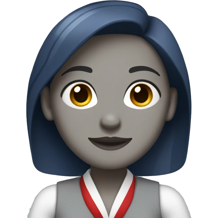 Flight attendant woman, back hair with a white shirt and light grey vest . The scarf is dark blue with a white and red stripe at the end emoji