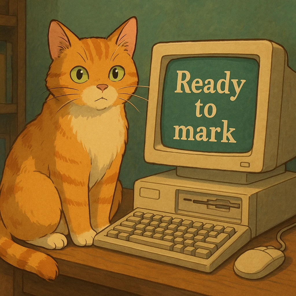 A cat sitting next to a computer with the inscription 'Ready to mark' emoji