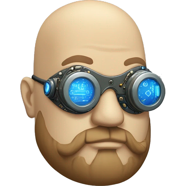 Bearded Fat bald cyborg head with tan skin, blue steampunk goggles and circuits emoji
