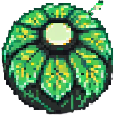 Green digital bomb animation frame 3, round bomb body with green highlights, very short leaf-shaped fuse at top, brighter green glow, nature-inspired design, pixel art style emoji
