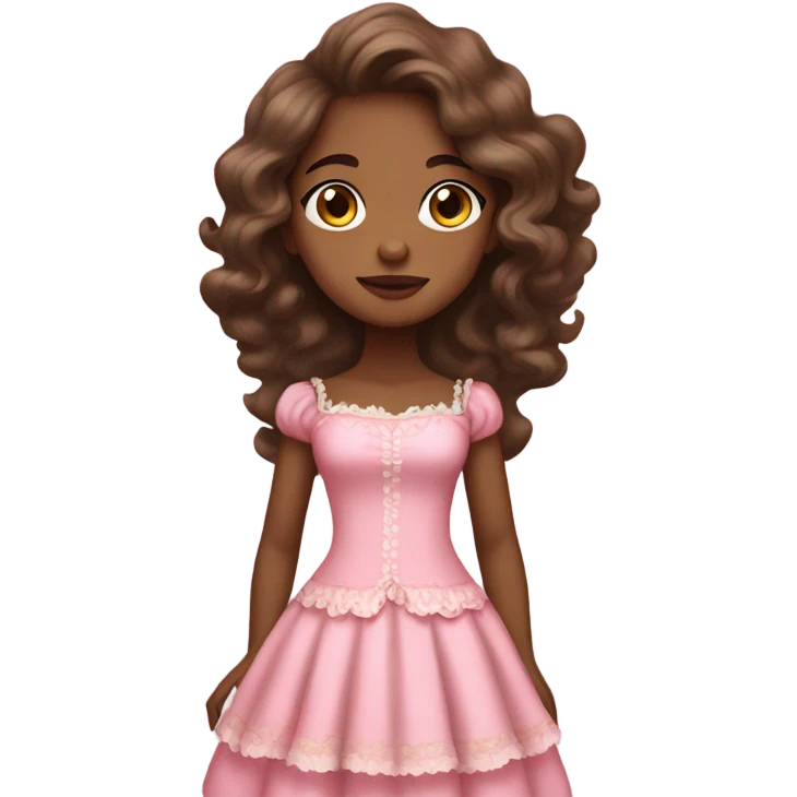 a brown skin girl standing wearing a rococo dress pink with the hairstyle of wavy long brown hair emoji