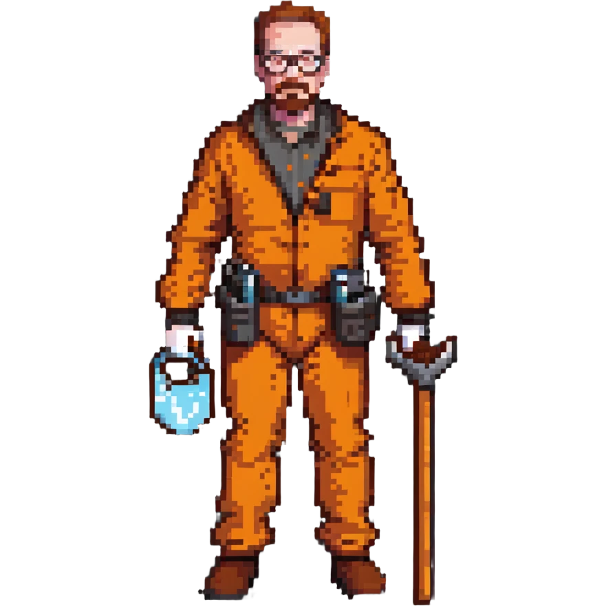 Walter White as Gordon Freeman, pixel art, orange suit, glasses, crowbar emoji