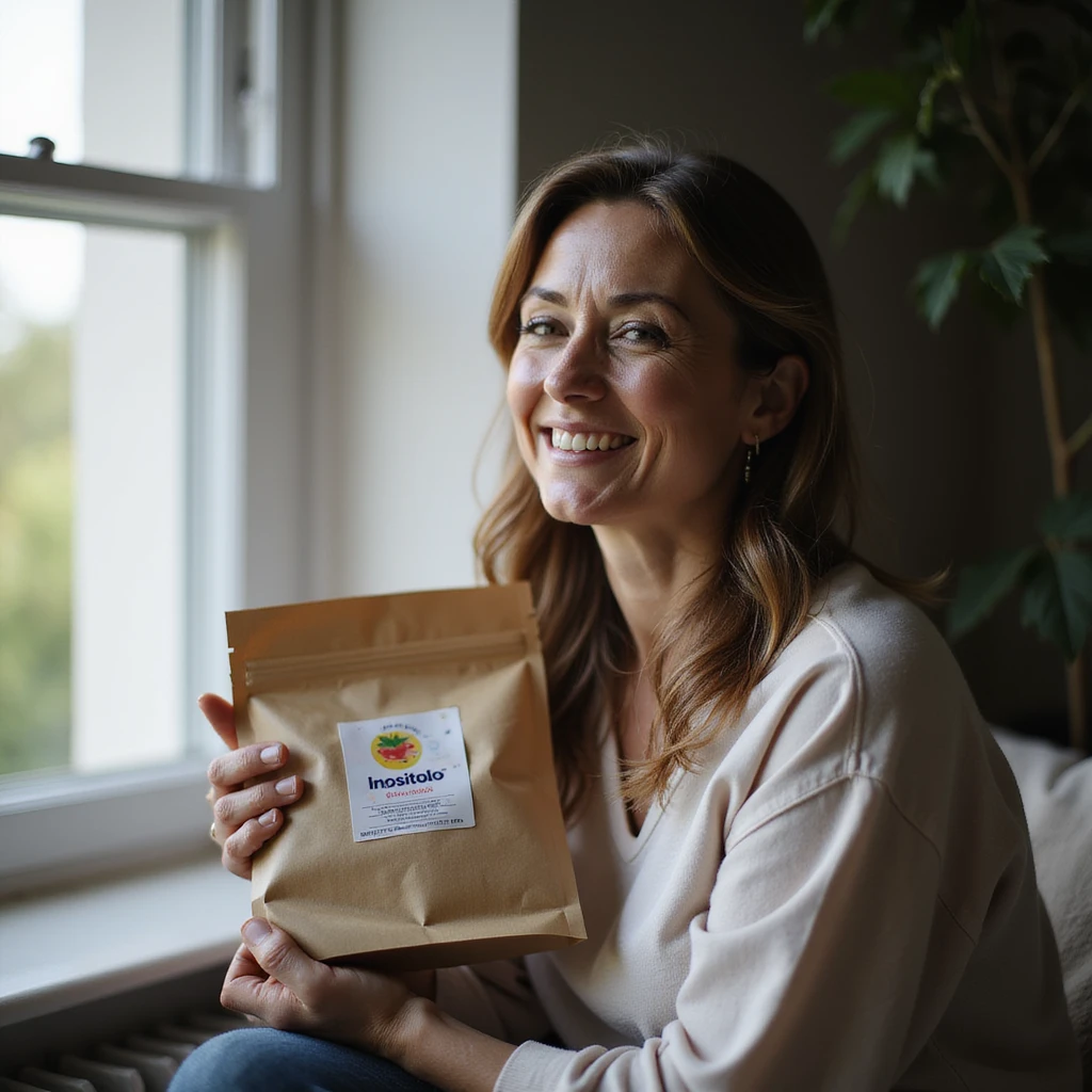 woman sitting near a window holding a package with the word 'Inositolo' clearly readable, natural appearance, slight smile, home environment, lifestyle photography, natural light emoji