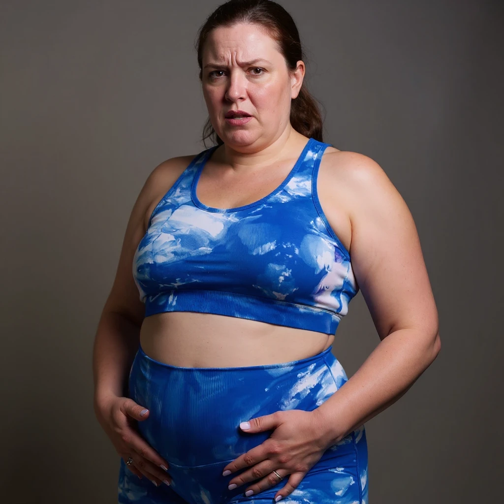 Realistic style woman in sportswear inspired by the reference photo, holding her bloated belly with both hands and showing an expression of annoyance, neutral background. emoji