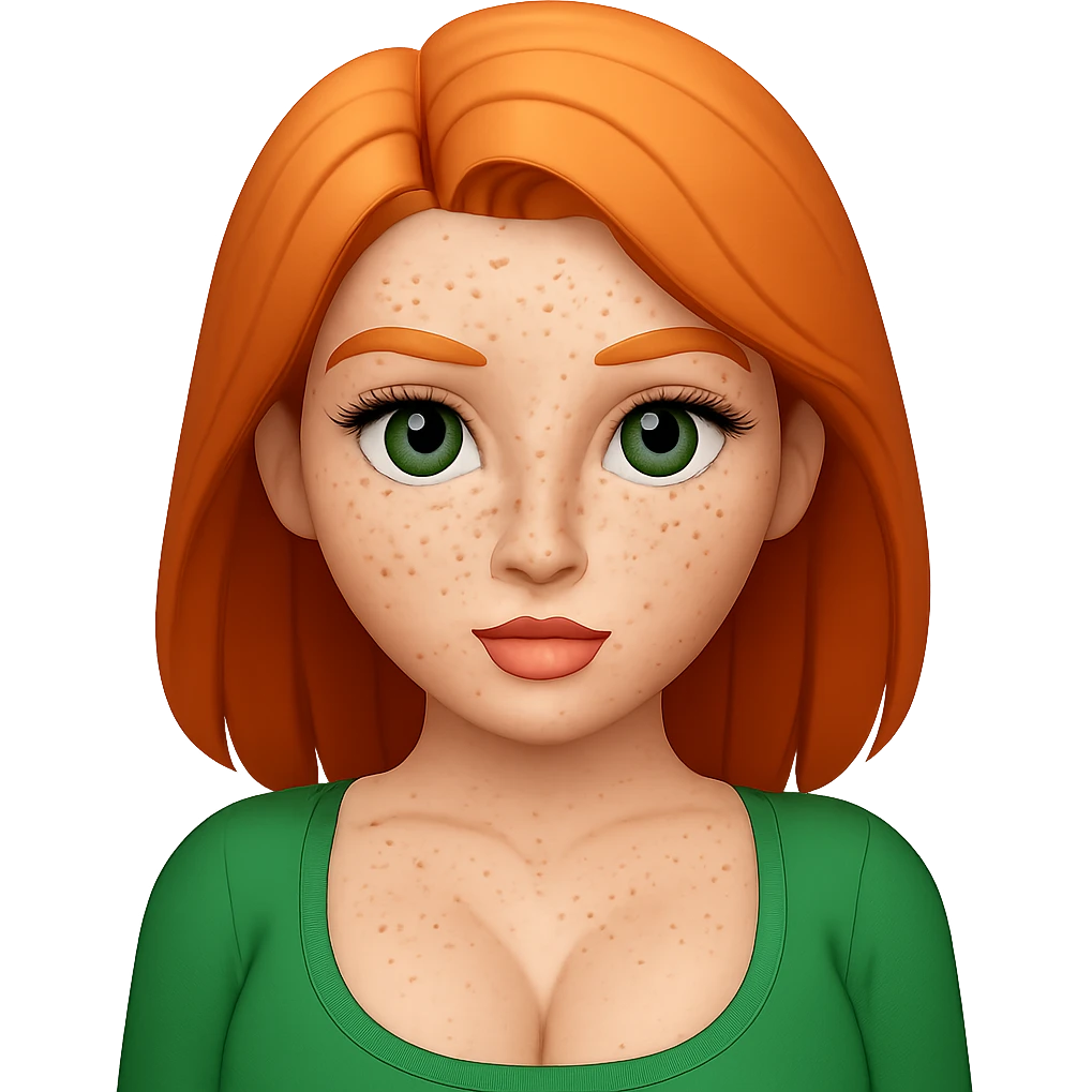 Add freckles to the pale ginger baddie with big boobs, ginger eyebrows, and green eyes, keep the background transparent. Maintain the original style and transparent background. emoji