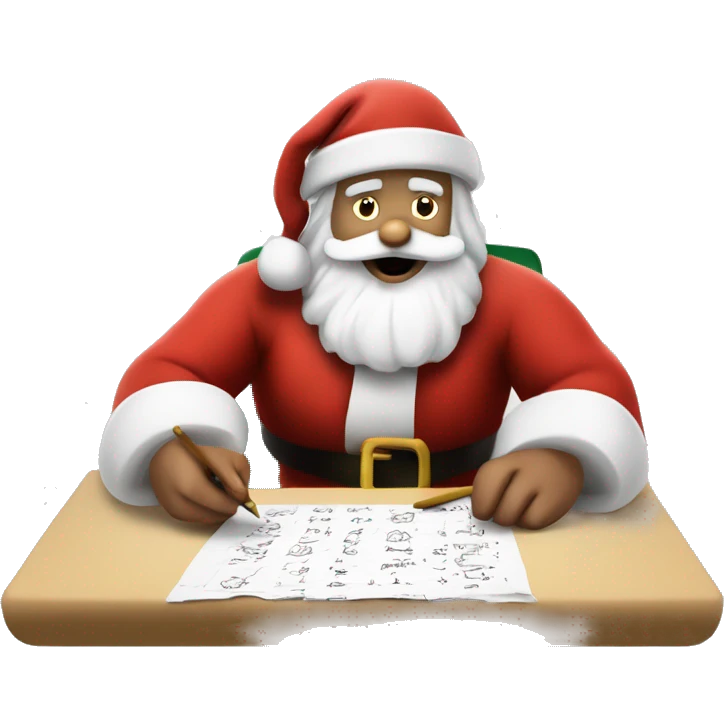 European Santa Claus is sitting on a desk, writing something down on a sheet of paper, solving complicated math puzzles emoji
