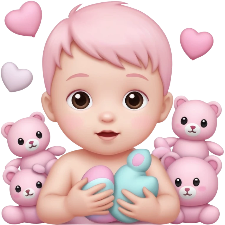 cute baby playing with pastel pink toys and plushies emoji