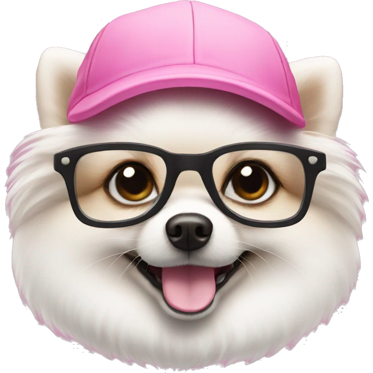 A white Pomeranian in a pink cap and glasses emoji