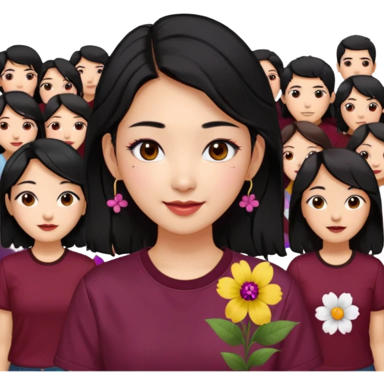 A Korean woman with messy and stylish black hair, a flower in her ear and an iconic Y2K shirt maroon and brown hazel eyes, makeup sweetie,A Style Vibe in the Crowd emoji