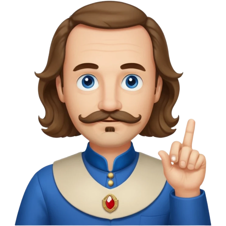 French writer Corneille, brown mi-long wavy hair, baldness on the forehead, moustache, goatee, dressed with a collar,blue eyes, with the finger up emoji
