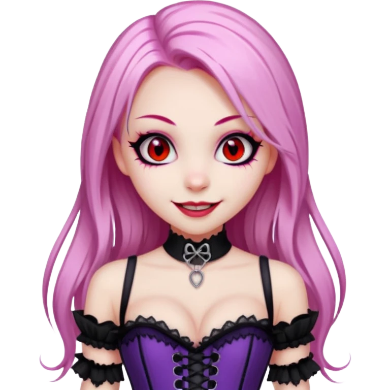 pretty scary girl, long straight LIGHT pink HAIR,SCARY RED eyes, black eyeliner, pale skin, purple corset clothes with laces, AND WITH A GRIN SMILE  emoji