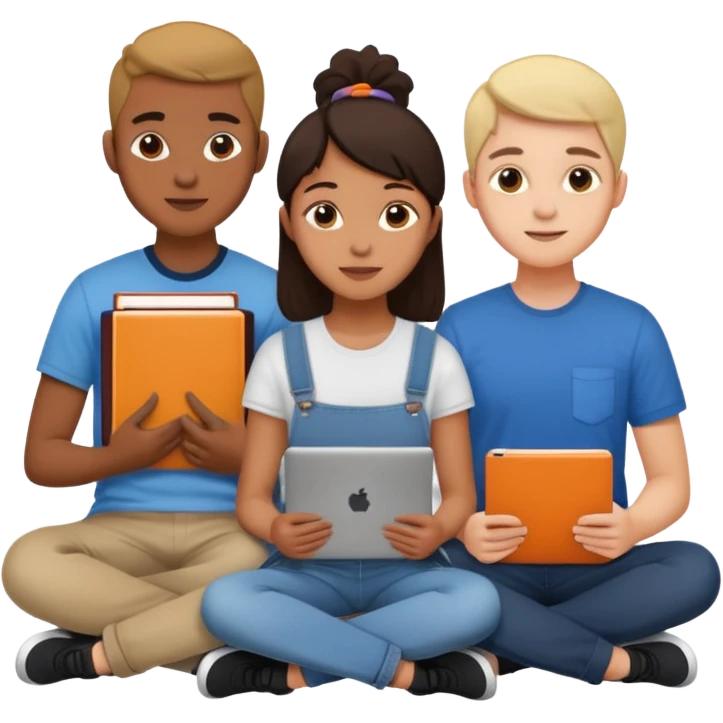 three design students sitting together with sketchbooks and laptops, creative emoji