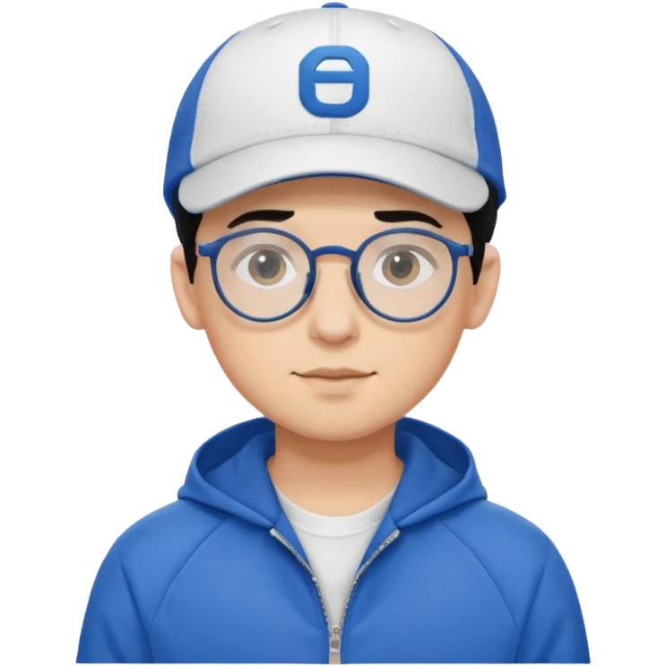 emoji of a young man with black hair, round glasses, white cap worn backwards, blue sports jacket emoji