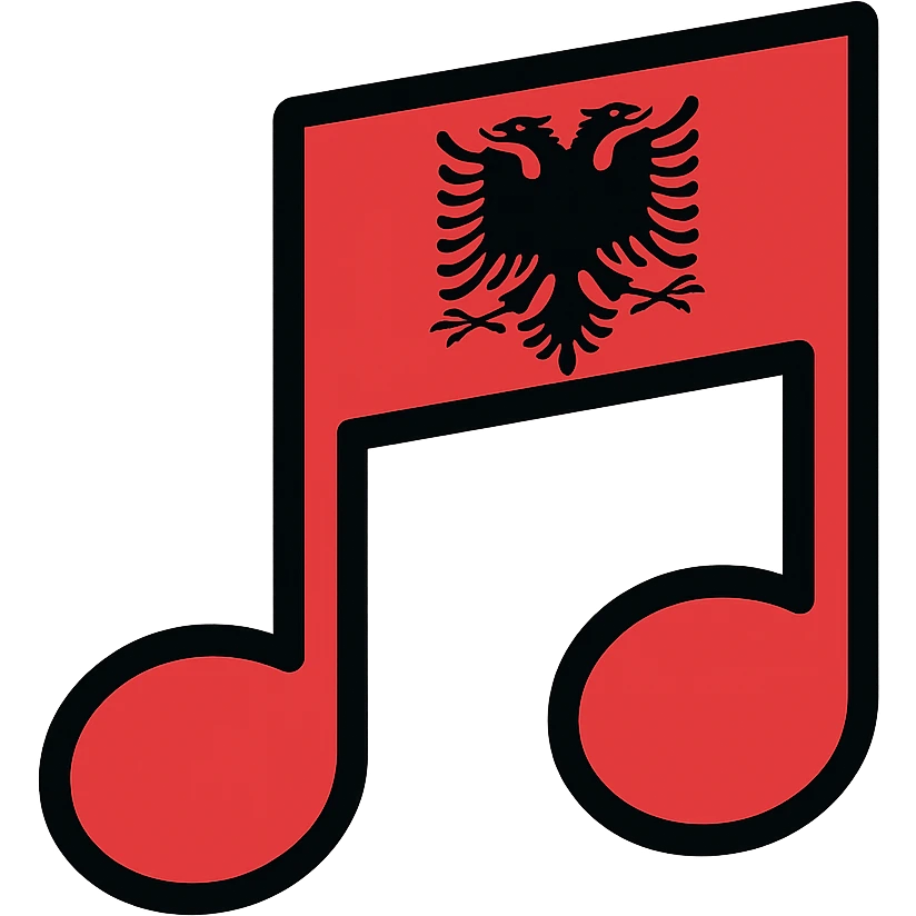 stylized red and black music note with Albanian flag pattern, bold and simple emoji