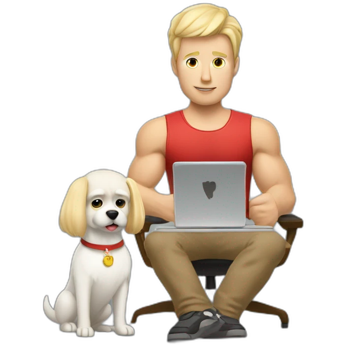 blonde muscly danish man with computer and poker and a small white dog emoji