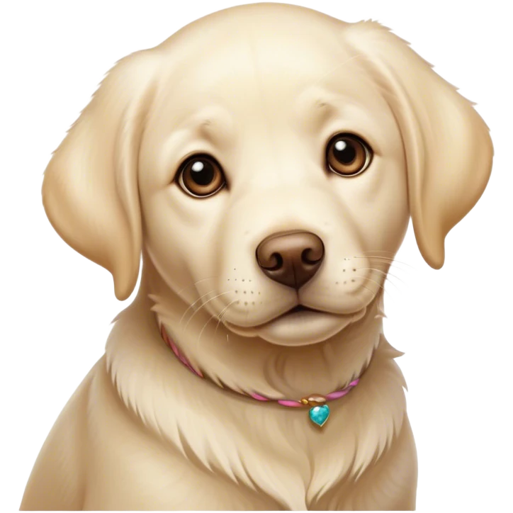 Cinematic Cute Cream Labrador Portrait Emoji, Head tilted playfully and inquisitively, featuring a silky cream Fur with a gentle sheen, round, sparkling warm eyes filled with curiosity, Simplified yet irresistibly adorable features, highly detailed, glowing with a warm, friendly glow, high shine, affectionate and spirited, stylized with a touch of whimsy, bright and endearing, soft glowing outline, capturing the essence of a mischievous yet loving companion, so playful it feels like it could dash out of the screen and into your arms! emoji