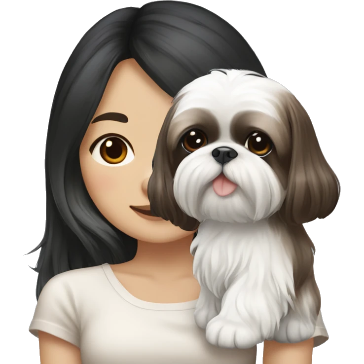 long black hair korean girl with white and brown colored shih tzu emoji