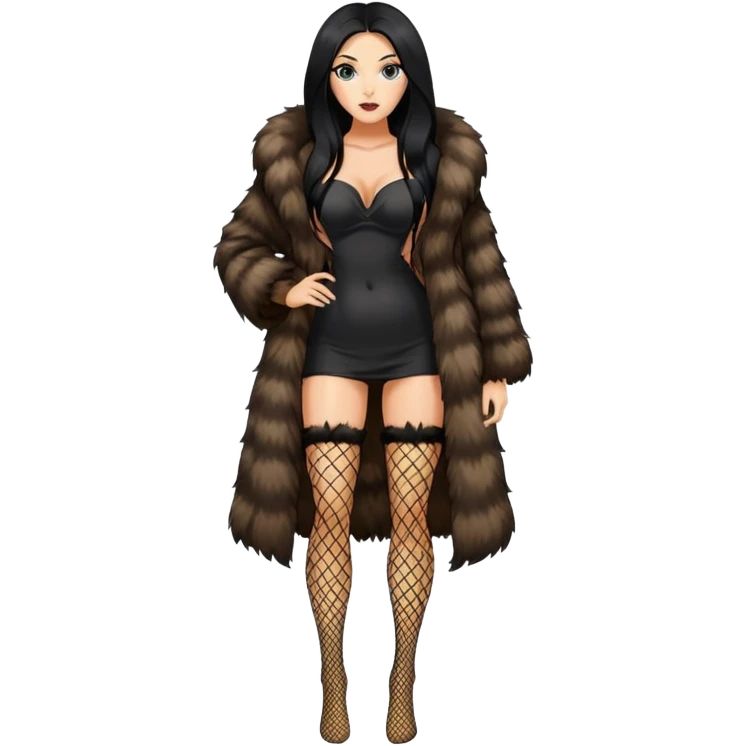 fur coat and fishnets legs, black long hair tanned woman, full body emoji