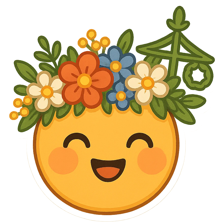 midsommar inspired emoji with flower crown, smiling face, bright colors, cheerful and festive emoji