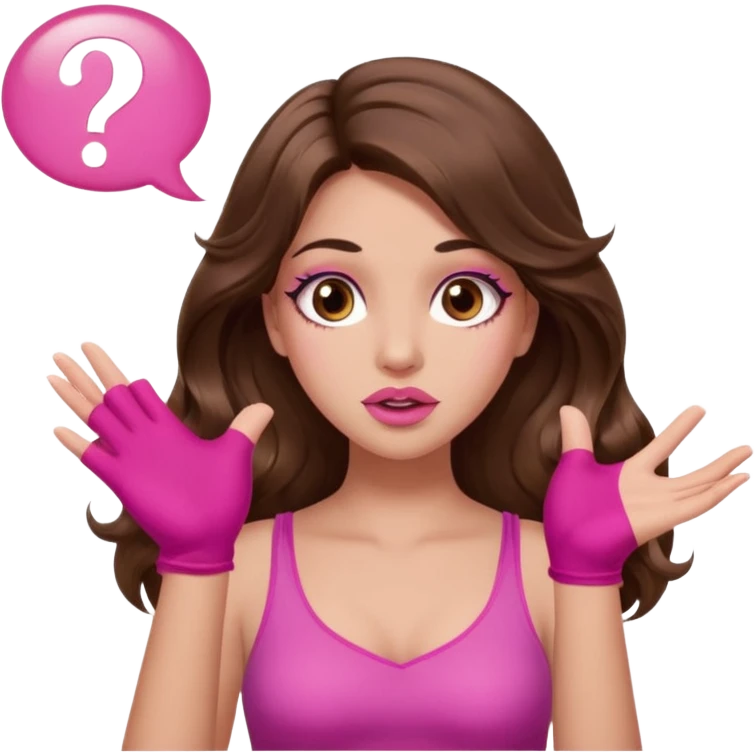 girl with long wavy brown hair, brown eyes, long lashes makeup, sexy pink lips, light to medium complexion, pink sexy top, two hands up, shrugging, confused questions mark bubble sign emoji