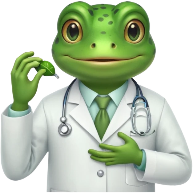 A frog in a doctor’s coat, happily examining a patient, portrait emoji