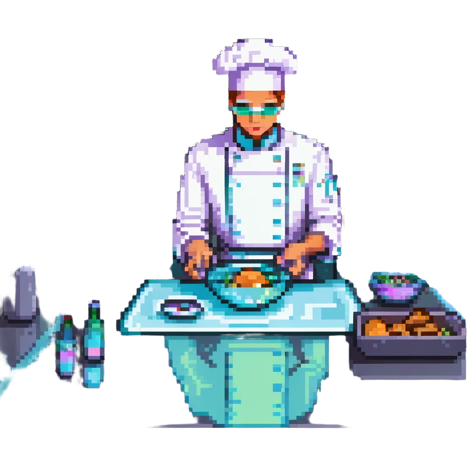 A sleek cyborg baker using holographic ingredients and laser precision. The kitchen is a fusion of chrome, glass, and neon. Interface elements float like holograms, with glowing edges, translucent layers, and tactile feedback illusions. emoji