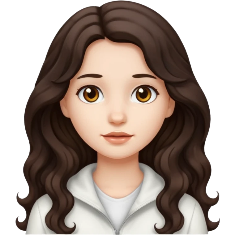 A girl in white with dark brown long wavy hair and very white skin emoji