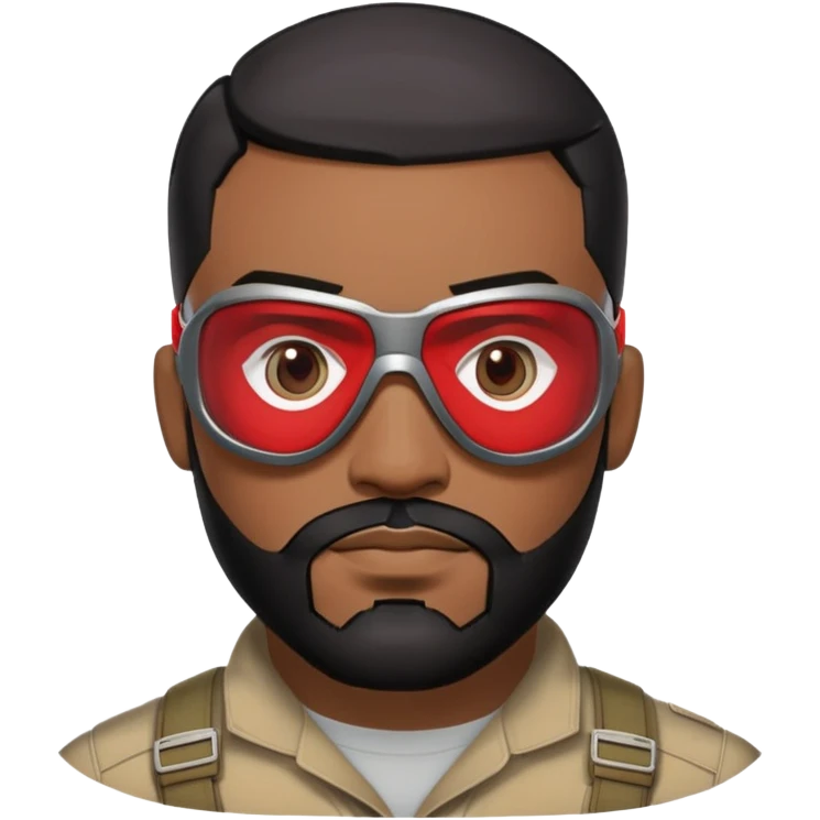 sam wilson with  short, neatly cropped black hair and a well-groomed beard that connects to his mustache,  wear sleek, red-tinted tactical goggles fit snugly from captain america: civil war emoji