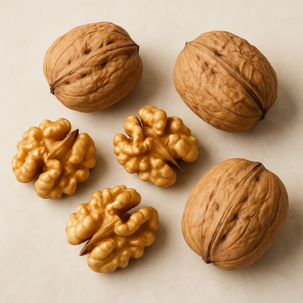 realistic italian walnuts, whole and shelled, on a light background emoji