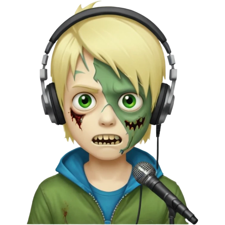 boy zombie whit blonde emo hair and eyes blue and GREEN SKIN and heandphones AND A MICROFONE and gold teeth emoji