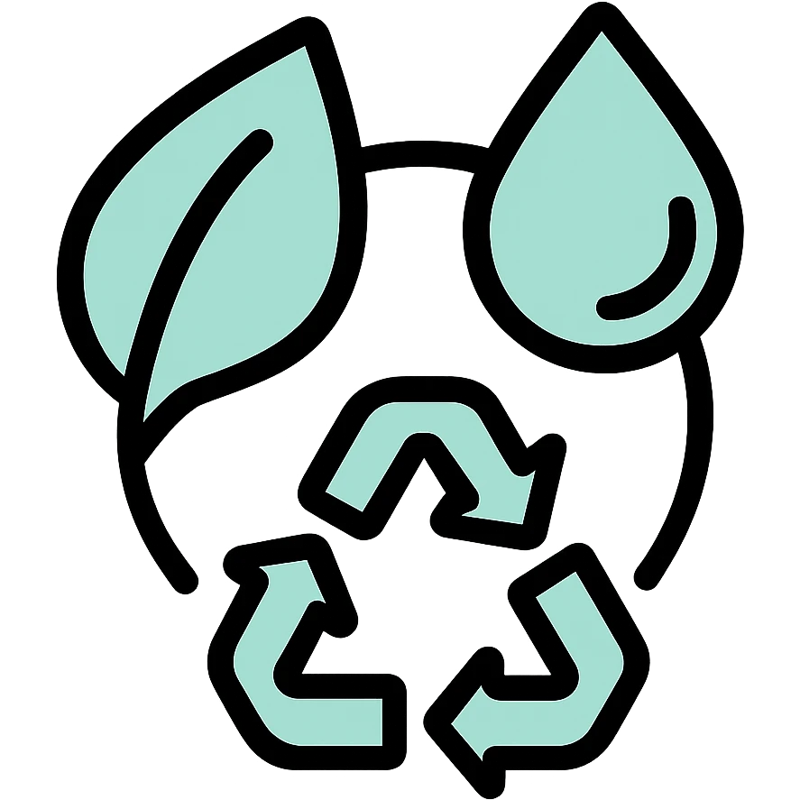 Environment with leaf, water drop, and recycling symbol, fluid dimensional design, techy style, black outlines with mint green #B5F4D3 fills emoji