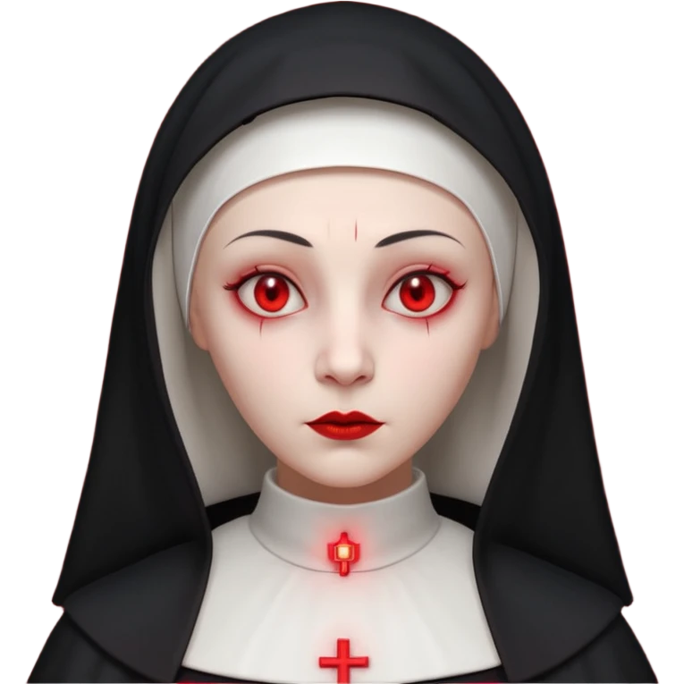 cursed village nun portrait, head and shoulders only, dark hood, mysterious expression, red accents, eerie glow, 3D cartoon, mobile game icon style, clean background, no text, no watermark

 emoji