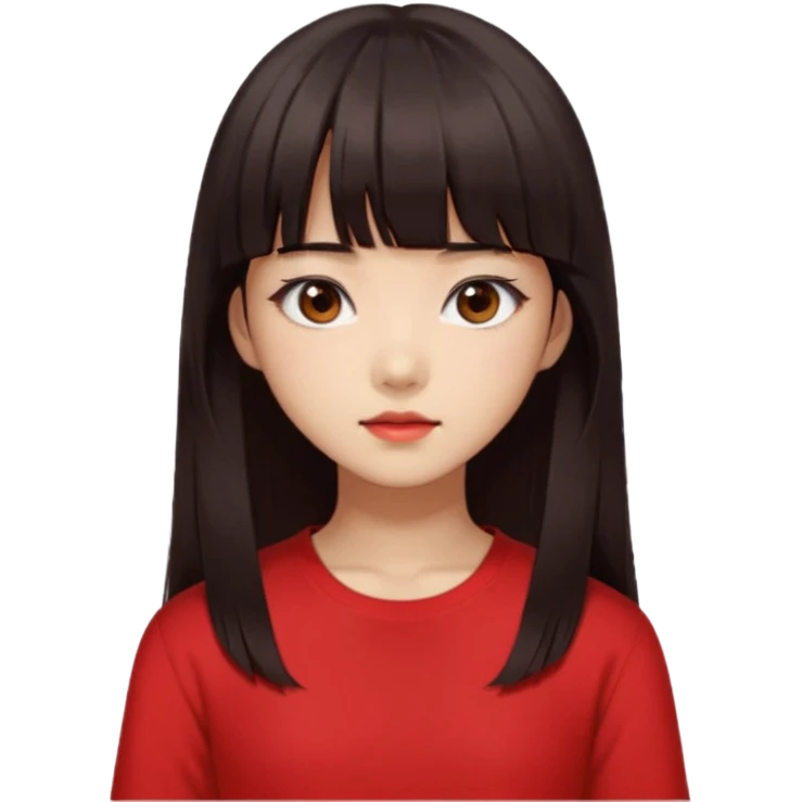 Korean girl, red top, black brown hair, brown eyes, long hair, cool girl, aesthetic, long hair, hime cut, blunt bangs emoji