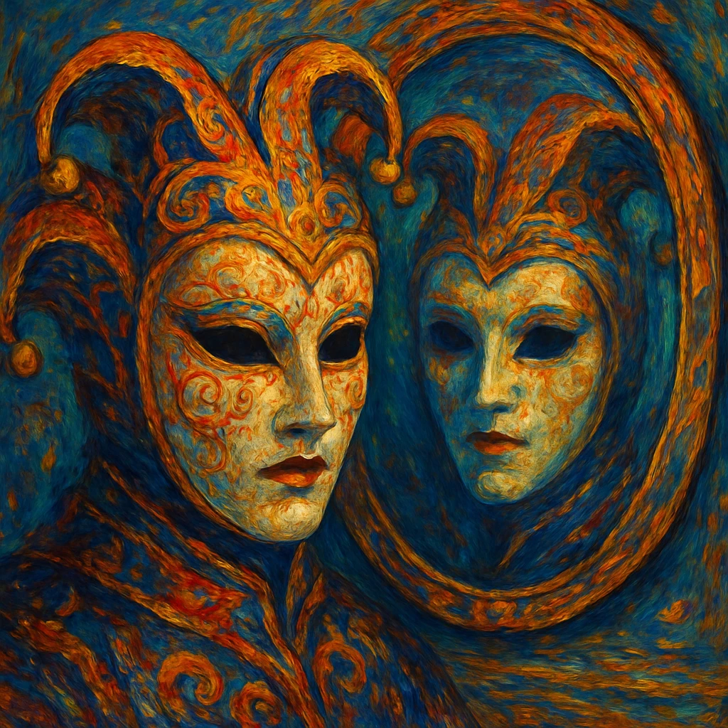 a mask in front of a mirror with the mask's reflection visible, different artistic style, creative, detailed emoji