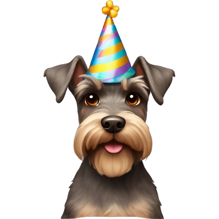 Brown schnauzer with a birthday hat emoji