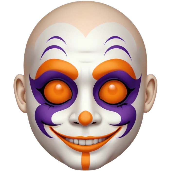 Juggalo smiley face that is Perfectly round and hairless with white skin and elaborate but symmetrical lined face paint that is orange bordered by dark purple emoji