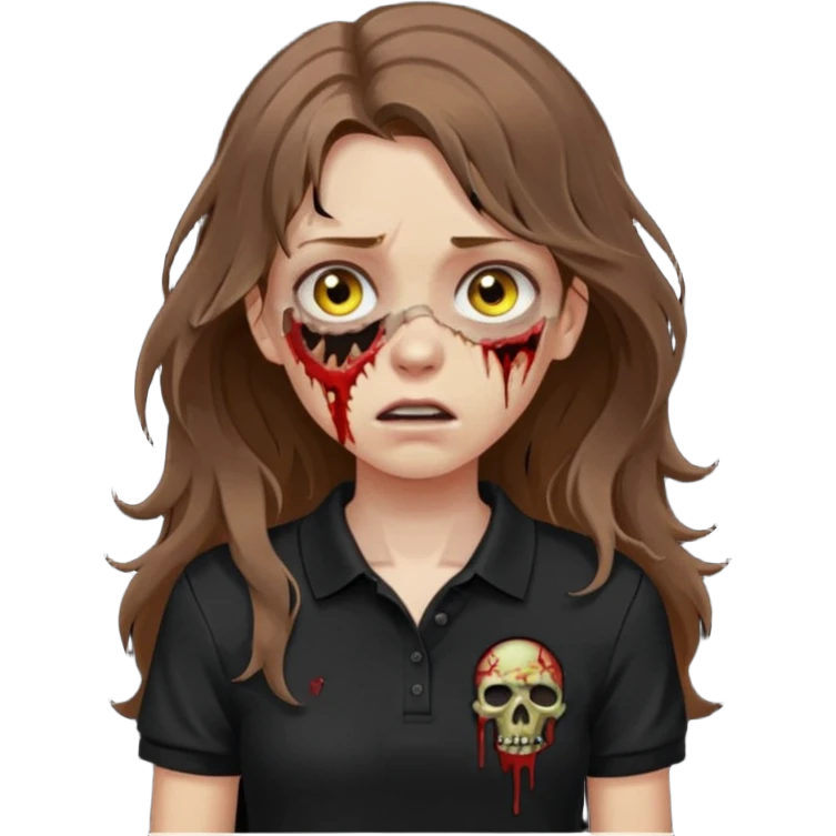 crie uma garota com ferimentos zoombie cabelo ondulado 2c longo castanho e blusa polo básica preta emoji