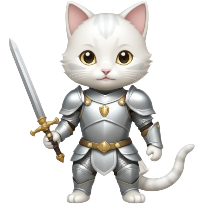 baby chibi white cat in silver armor, full body, smile, hold sword emoji